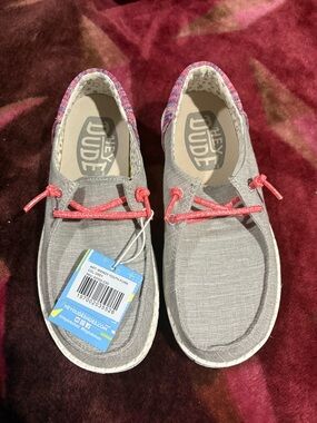 Hey Dude Grey Canvas Slip-Ons with Coral Laces and Pink Trim